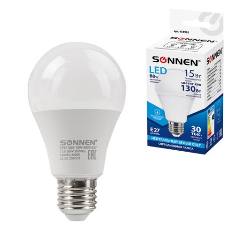 Лампа светодиодная SONNEN, 15 (130) Вт, цоколь Е27, груша, нейтральный белый, 30000 ч, LED A65-15W-4000-E27, 454920