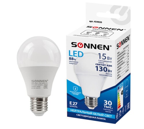 Лампа светодиодная SONNEN, 15 (130) Вт, цоколь Е27, груша, нейтральный белый, 30000 ч, LED A65-15W-4000-E27, 454920