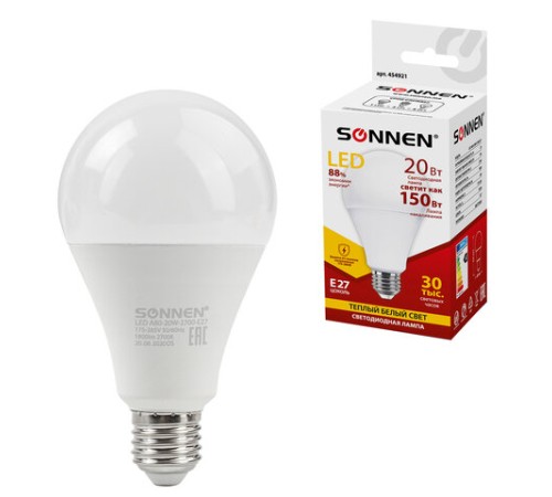 Лампа светодиодная SONNEN, 20 (150) Вт, цоколь Е27, груша, теплый белый, 30000 ч, LED A80-20W-2700-E27, 454921