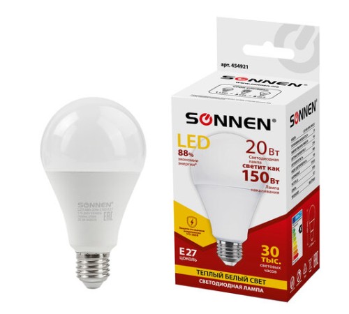 Лампа светодиодная SONNEN, 20 (150) Вт, цоколь Е27, груша, теплый белый, 30000 ч, LED A80-20W-2700-E27, 454921