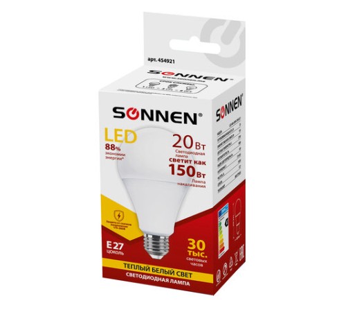 Лампа светодиодная SONNEN, 20 (150) Вт, цоколь Е27, груша, теплый белый, 30000 ч, LED A80-20W-2700-E27, 454921