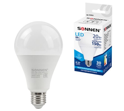Лампа светодиодная SONNEN, 20 (150) Вт, цоколь Е27, груша, нейтральный белый, 30000 ч, LED A80-20W-4000-E27, 454922