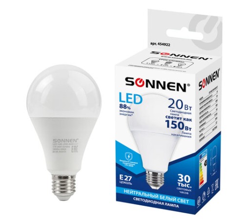 Лампа светодиодная SONNEN, 20 (150) Вт, цоколь Е27, груша, нейтральный белый, 30000 ч, LED A80-20W-4000-E27, 454922