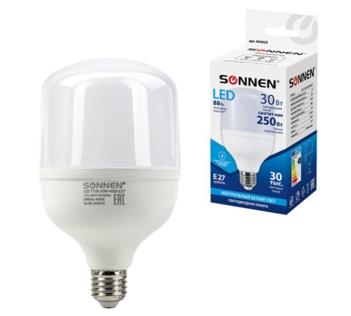 Лампа светодиодная SONNEN, 30 (250) Вт, цоколь Е27, цилиндр, нейтральный белый, 30000 ч, LED Т100-30W-4000-E27, 454923