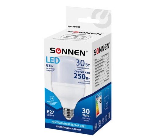 Лампа светодиодная SONNEN, 30 (250) Вт, цоколь Е27, цилиндр, нейтральный белый, 30000 ч, LED Т100-30W-4000-E27, 454923