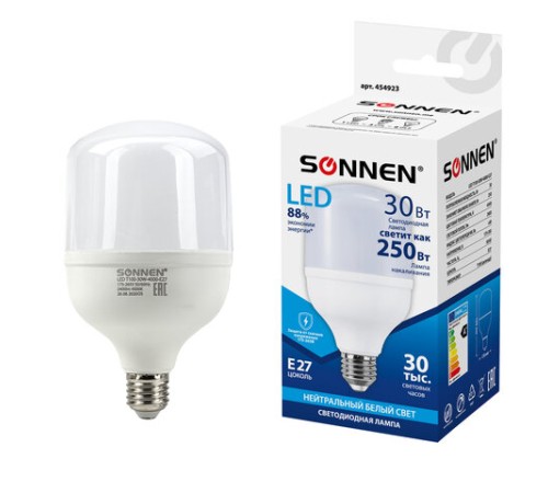 Лампа светодиодная SONNEN, 30 (250) Вт, цоколь Е27, цилиндр, нейтральный белый, 30000 ч, LED Т100-30W-4000-E27, 454923
