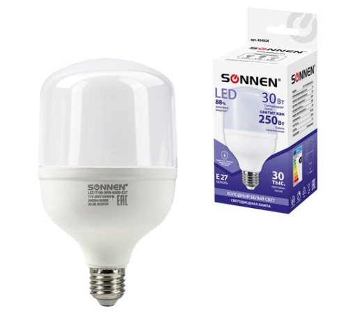 Лампа светодиодная SONNEN, 30 (250) Вт, цоколь Е27, цилиндр, холодный белый, 30000 ч, LED Т100-30W-6500-E27, 454924