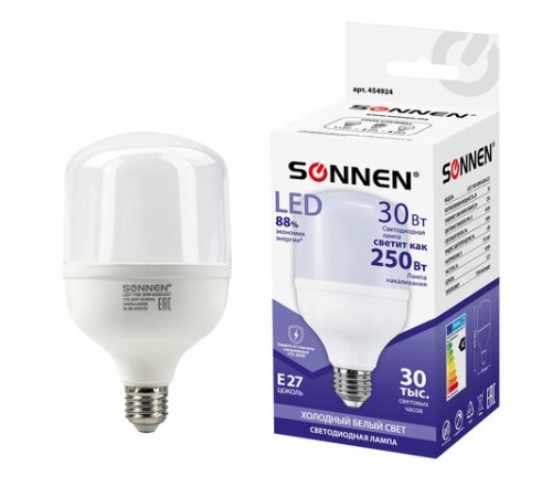 Лампа светодиодная SONNEN, 30 (250) Вт, цоколь Е27, цилиндр, холодный белый, 30000 ч, LED Т100-30W-6500-E27, 454924