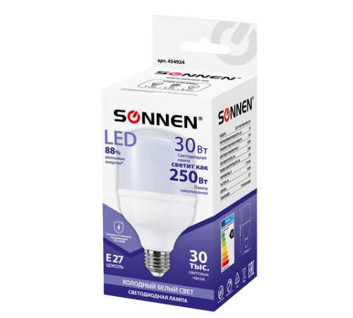 Лампа светодиодная SONNEN, 30 (250) Вт, цоколь Е27, цилиндр, холодный белый, 30000 ч, LED Т100-30W-6500-E27, 454924