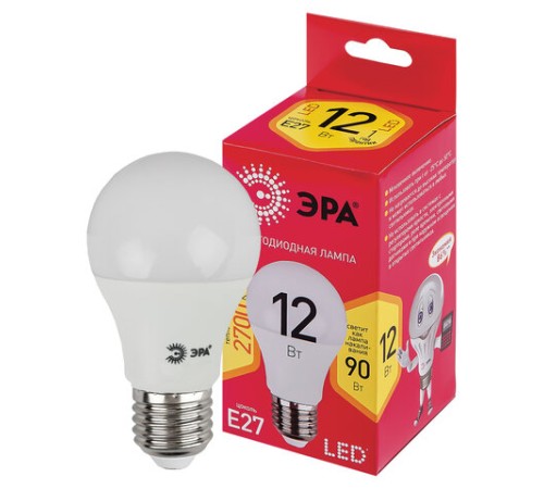 Лампа светодиодная ЭРА RED LINE, 12 (90) Вт, цоколь Е27, груша, теплый белый свет, 25000 ч., LED A60-12W-3000-E27, Б0050197