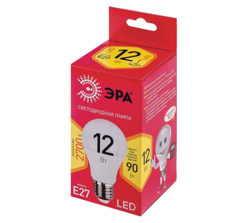 Лампа светодиодная ЭРА RED LINE, 12 (90) Вт, цоколь Е27, груша, теплый белый свет, 25000 ч., LED A60-12W-3000-E27, Б0050197