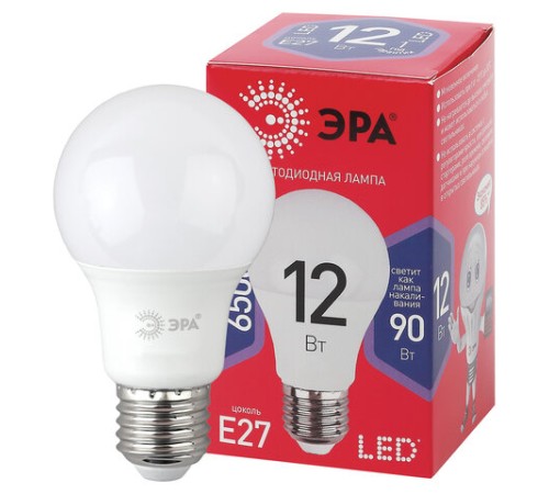 Лампа светодиодная ЭРА RED LINE, 12 (90) Вт, цоколь Е27, груша, холодный белый свет, 25000 ч., LED A60-12W-6500-E27, Б0045325