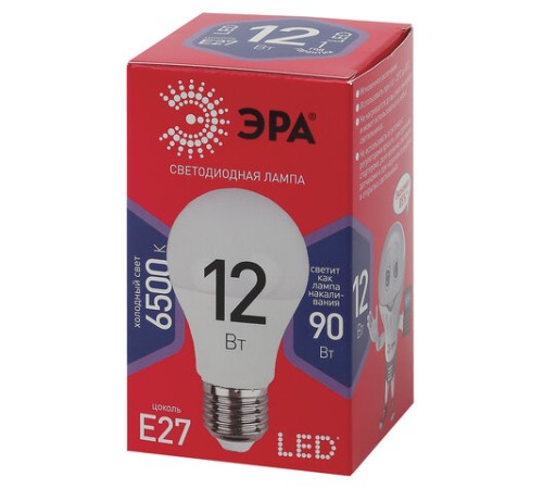 Лампа светодиодная ЭРА RED LINE, 12 (90) Вт, цоколь Е27, груша, холодный белый свет, 25000 ч., LED A60-12W-6500-E27, Б0045325