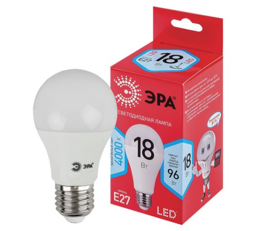 Лампа светодиодная ЭРА RED LINE, 18 (96) Вт, цоколь Е27, груша, нейтральный белый свет, 25000 ч., LED A65-18W-4000-E27, Б0052381