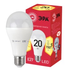 Лампа светодиодная ЭРА RED LINE, 20 (150) Вт, цоколь Е27, груша, теплый белый свет, 25000 ч., LED A65-20W-3000-E27, Б0050687