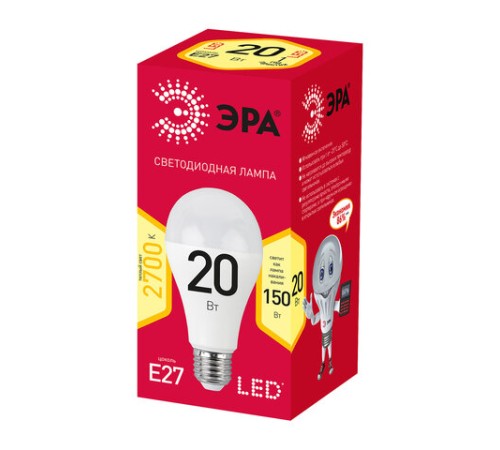 Лампа светодиодная ЭРА RED LINE, 20 (150) Вт, цоколь Е27, груша, теплый белый свет, 25000 ч., LED A65-20W-3000-E27, Б0050687