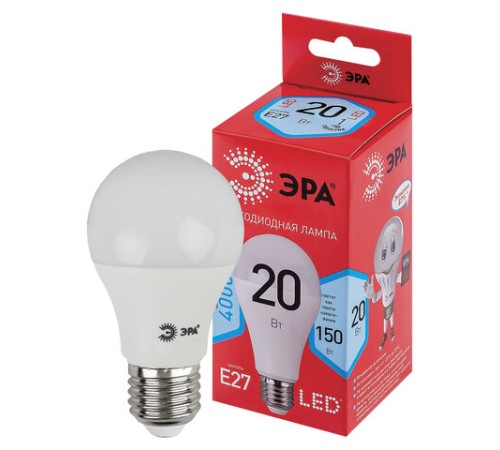 Лампа светодиодная ЭРА RED LINE, 20 (150) Вт, цоколь Е27, груша, нейтральный белый свет, 25000 ч., LED A65-20W-4000-E27, Б0049637