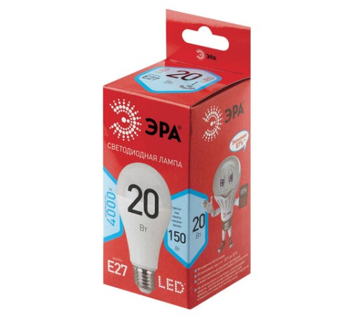 Лампа светодиодная ЭРА RED LINE, 20 (150) Вт, цоколь Е27, груша, нейтральный белый свет, 25000 ч., LED A65-20W-4000-E27, Б0049637
