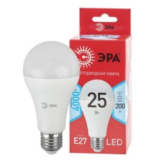 Лампа светодиодная ЭРА RED LINE, 25 (200) Вт, цоколь Е27, груша, нейтральный белый свет, 25000 ч., LED A65-25W-4000-E27, Б0048010