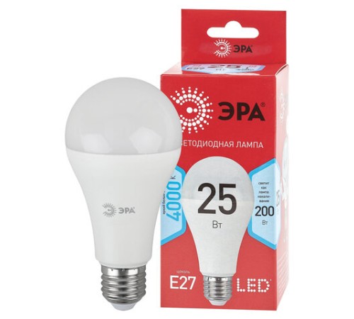 Лампа светодиодная ЭРА RED LINE, 25 (200) Вт, цоколь Е27, груша, нейтральный белый свет, 25000 ч., LED A65-25W-4000-E27, Б0048010