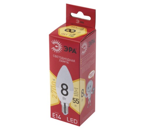 Лампа светодиодная ЭРА RED LINE, 8 (55) Вт, цоколь Е14, свеча, теплый белый свет, 25000 ч., LED B35-8W-2700-E14, Б0050694