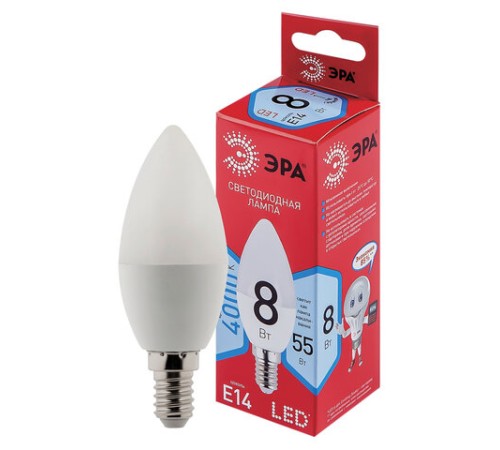 Лампа светодиодная ЭРА RED LINE, 8 (55) Вт, цоколь Е14, свеча, нейтральный белый свет, 25000 ч., LED B35-8W-4000-E14, Б0050200