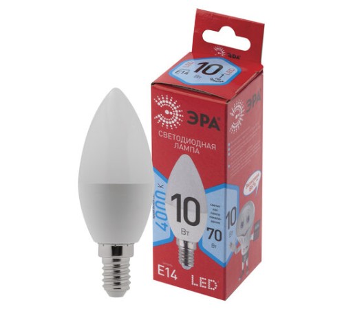 Лампа светодиодная ЭРА RED LINE, 10 (70) Вт, цоколь Е14, свеча, нейтральный белый свет, 25000 ч., LED B35-10W-4000-E14, Б0049642