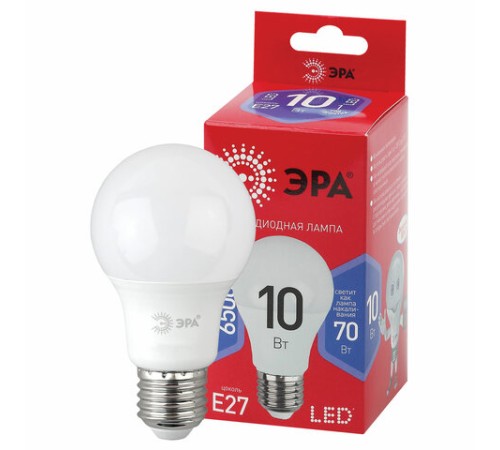 Лампа светодиодная ЭРА RED LINE, 10 (70) Вт, цоколь Е27, груша, холодный белый свет, 30000 ч., LED A60-10W-865E27R, Б0045324