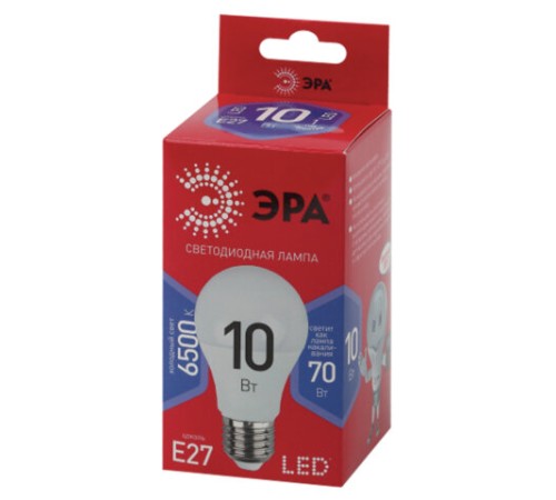 Лампа светодиодная ЭРА RED LINE, 10 (70) Вт, цоколь Е27, груша, холодный белый свет, 30000 ч., LED A60-10W-865E27R, Б0045324