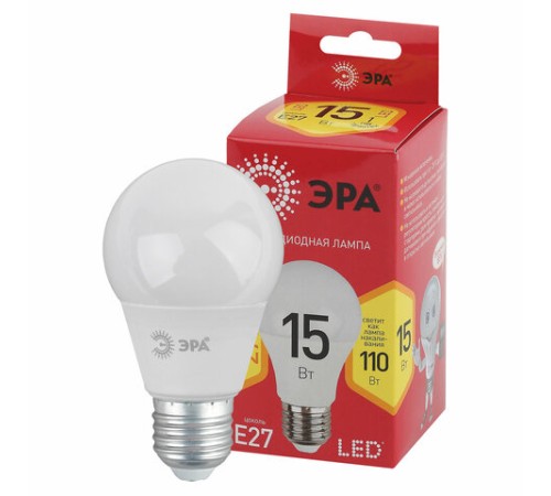 Лампа светодиодная ЭРА RED LINE, 15 (110) Вт, цоколь Е27, груша, теплый белый свет, 30000 ч., LED A60-15W-827-E27R, Б0046355