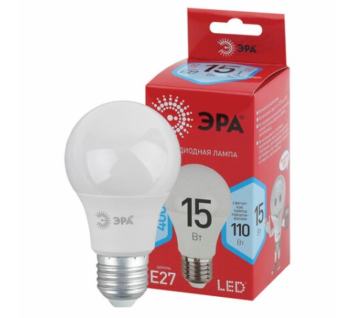 Лампа светодиодная ЭРА RED LINE, 15 (110) Вт, цоколь Е27, груша, нейтральный белый свет, 30000 ч., LEDA6015W840E27R, Б0046356