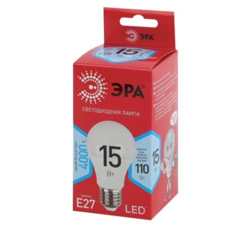 Лампа светодиодная ЭРА RED LINE, 15 (110) Вт, цоколь Е27, груша, нейтральный белый свет, 30000 ч., LEDA6015W840E27R, Б0046356