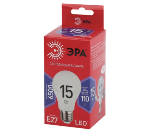 Лампа светодиодная ЭРА RED LINE, 15 (110) Вт, цоколь Е27, груша, холодный белый свет, 30000 ч., LED A60-15W865E27R, Б0046357