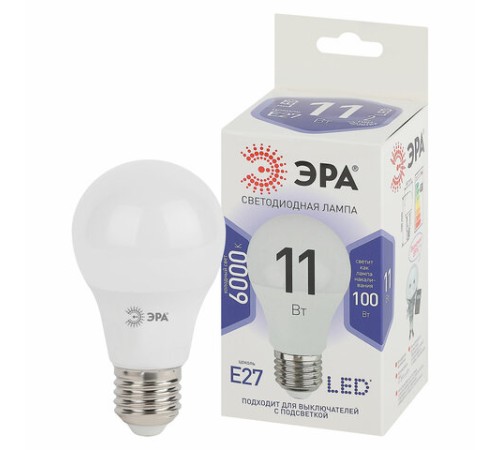 Лампа светодиодная ЭРА STD, 11 (100) Вт, цоколь E27, груша, холодный белый свет, 35000 ч., LED A60-11W-860-E27, Б0031394