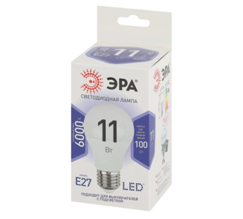 Лампа светодиодная ЭРА STD, 11 (100) Вт, цоколь E27, груша, холодный белый свет, 35000 ч., LED A60-11W-860-E27, Б0031394