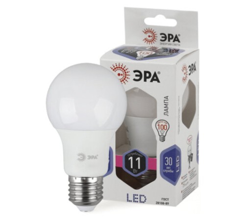 Лампа светодиодная ЭРА STD, 11 (100) Вт, цоколь E27, груша, холодный белый свет, 35000 ч., LED A60-11W-860-E27, Б0031394