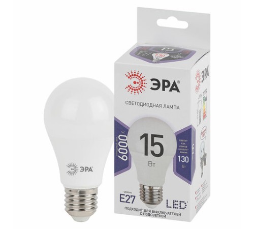 Лампа светодиодная ЭРА STD, 15 (130) Вт, цоколь E27, груша, холодный белый свет, 35000 ч., LED A60-15W-860-E27, Б0031396