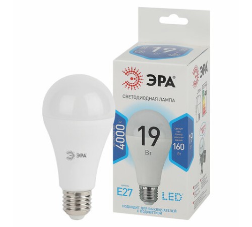 Лампа светодиодная ЭРА STD, 19 (160) Вт, цоколь E27, груша, нейтральный белый свет, 35000 ч., LED A65-19W-840-E27, Б0031703
