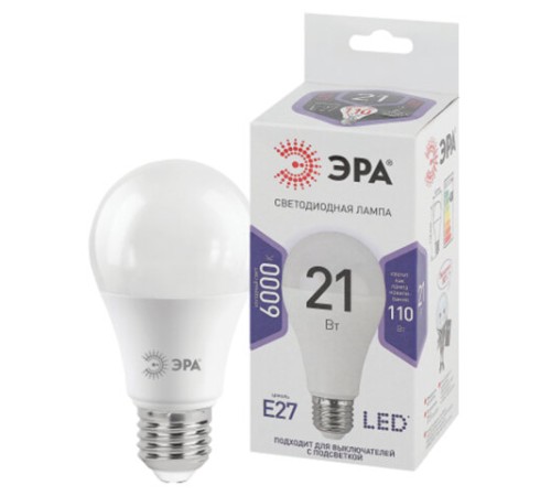 Лампа светодиодная ЭРА STD, 21 (175) Вт, цоколь E27, груша, холодный белый свет, 35000 ч., LED A65-21W-860-E27, Б0035333