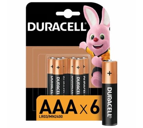 Батарейки КОМПЛЕКТ 6 шт., DURACELL Basic ОРИГИНАЛ, ААА (LR03, 24А), алкалиновые, мизинчиковые, Б0014858