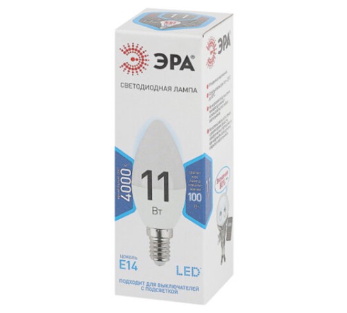 Лампа светодиодная ЭРА STD, 11 (100) Вт, цоколь E14, свеча, нейтральный белый свет, 35000 ч., LED B35-11W-840-E14, Б0032982
