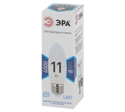 Лампа светодиодная ЭРА STD, 11 (100) Вт, цоколь E27, свеча, нейтральный белый свет, 35000 ч., LED B35-11W-840-E27, Б0032983
