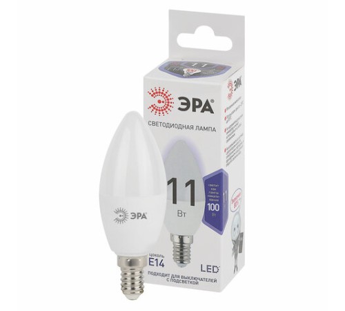Лампа светодиодная ЭРА STD, 11 (100) Вт, цоколь E14, свеча, холодный белый свет, 35000 ч., LED B35-11W-860-E14, Б0032984