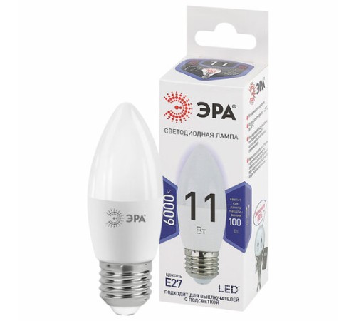 Лампа светодиодная ЭРА STD, 11 (100) Вт, цоколь E27, свеча, холодный белый свет, 35000 ч., LED B35-11W-860-E27, Б0032985