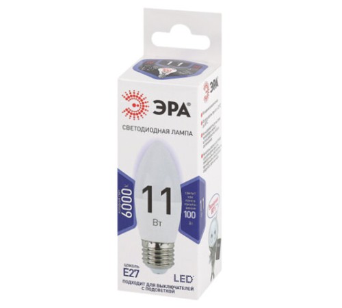 Лампа светодиодная ЭРА STD, 11 (100) Вт, цоколь E27, свеча, холодный белый свет, 35000 ч., LED B35-11W-860-E27, Б0032985