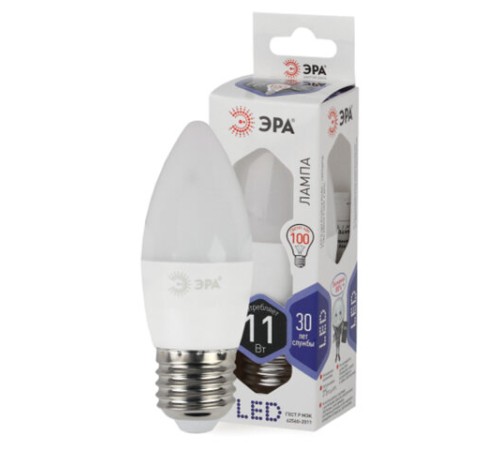 Лампа светодиодная ЭРА STD, 11 (100) Вт, цоколь E27, свеча, холодный белый свет, 35000 ч., LED B35-11W-860-E27, Б0032985