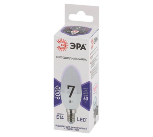 Лампа светодиодная ЭРА STD, 7 (60) Вт, цоколь E14, свеча, холодный белый свет, 35000 ч., LED B35-7W-860-E14, Б0031400