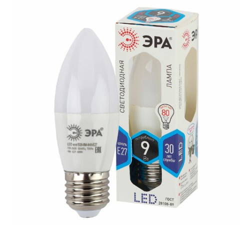 Лампа светодиодная ЭРА STD, 9 (80) Вт, цоколь E27, свеча, нейтральный белый свет, 35000 ч., LED B35-9W-840-E27, Б0027972