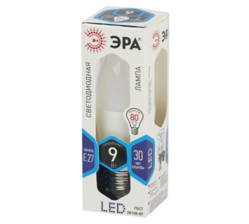Лампа светодиодная ЭРА STD, 9 (80) Вт, цоколь E27, свеча, нейтральный белый свет, 35000 ч., LED B35-9W-840-E27, Б0027972