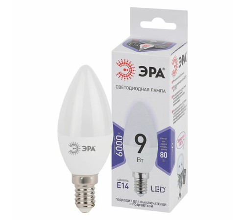 Лампа светодиодная ЭРА STD, 9 (80) Вт, цоколь E14, свеча, холодный белый свет, 35000 ч., LED B35-9W-860-E14, Б0031403